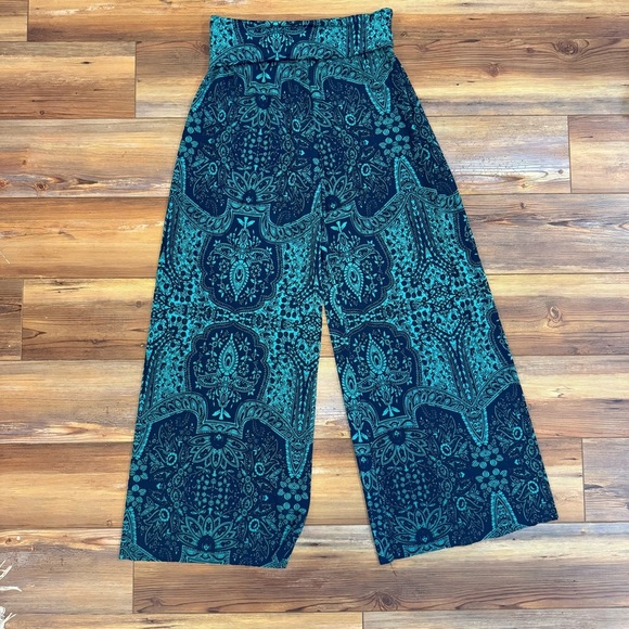 ZigZagStripe Palazzo Pants Elegant Teal and Navy Patterned Wide-Leg Pants Size L - Picture 1 of 2